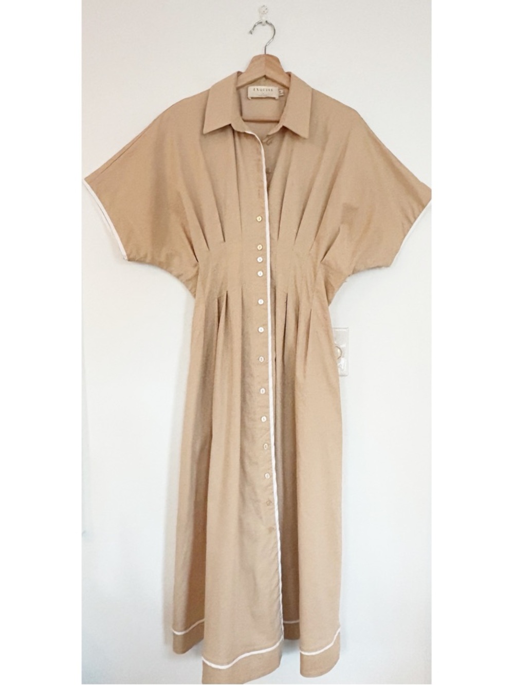 Anthropologie || Exquise Tobie Janie‎ Midi Shirt Dress Fit + Flare Beige Tan M - Picture 2 of 10